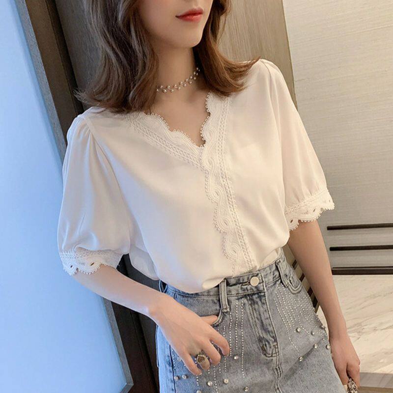 上衣女2024新款衣服女白色女人味上衣短袖衬衫雪纺衫小衫恤衫女