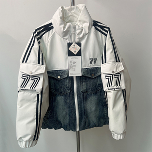 小众潮牌男女装2025新款美式石墨烯云绒服加厚棉服牛仔拼接外套