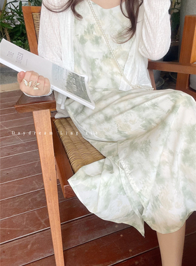 【预览链接】绿色油画吊带连衣裙小个子女温柔森系长裙