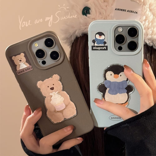 适用苹果16手机壳17promax油画小熊企鹅iphone14立体13韩系12硅胶