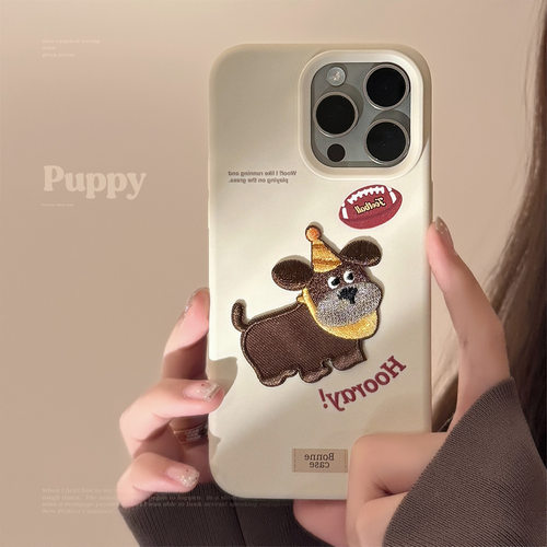 美式复古iphone17pro手机壳max苹果18刺绣小狗13卡通14适用12防摔