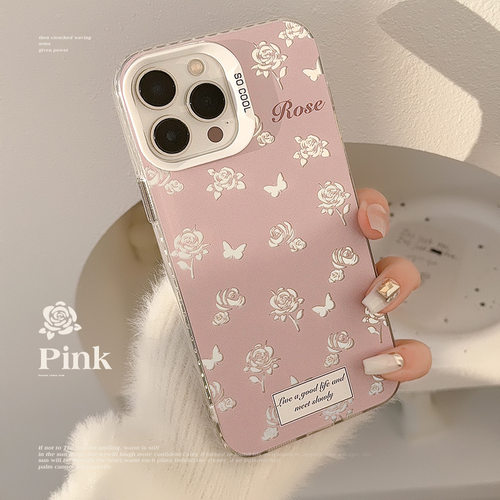 超仙ins粉色玫瑰iphone16适用17Pro max手机壳18苹果13镭射11防摔