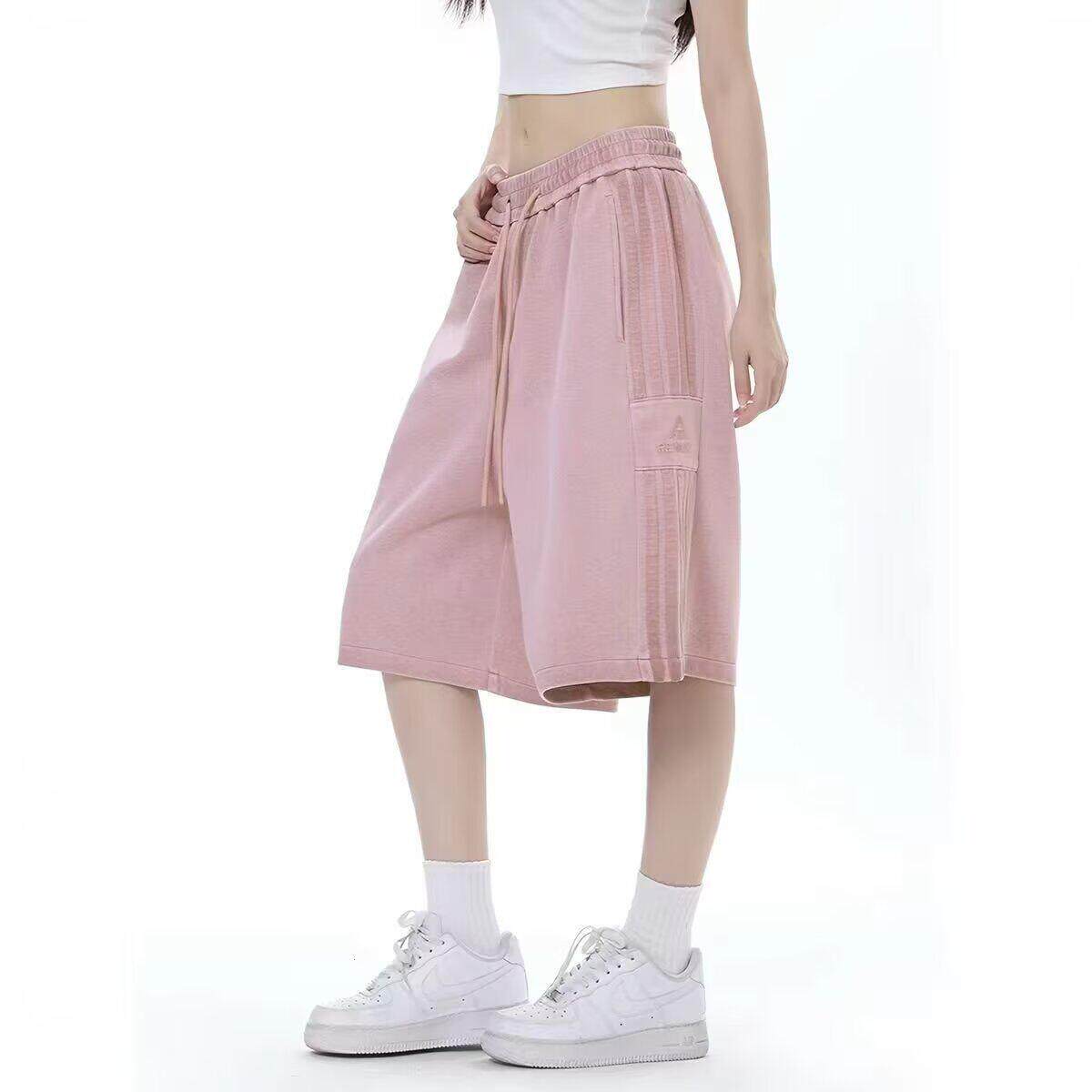 美式街头侧条纹粉色运动短裤女夏季宽松垂感阔腿直筒休闲五分裤子