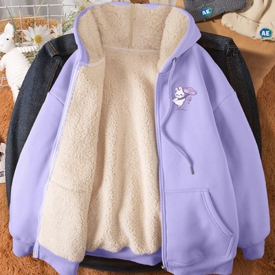 加绒加厚卫衣女冬款2025新款冬季羊羔绒连帽开衫外套上衣中学生冬