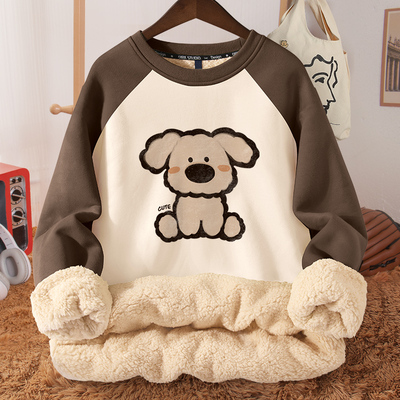 小个子卫衣女秋冬款2023新款爆款加绒加厚无帽羊羔绒外套撞色插肩