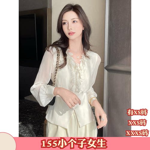 150矮小个子秋装女装155cm显高加小码V领拼接衬衣长袖雪纺衫上衣