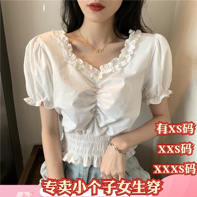 150cm小个子夏装显高加小码XXXS女装泡泡袖荷叶边短款收腰衬衫女