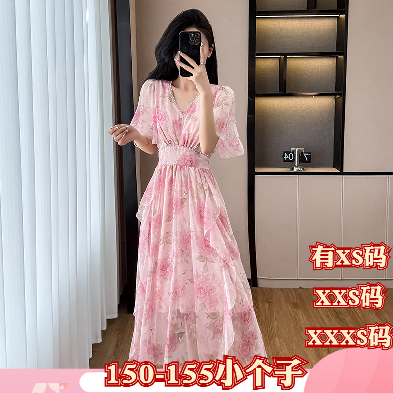 夏季女装加小码XXXS矮个子150cm显高V领收腰碎花雪纺荷叶边连衣裙