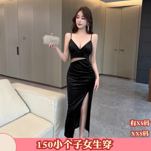 女装小个子XXS加小码150cm显高秋装吊带连衣裙女V领开叉礼服裙女