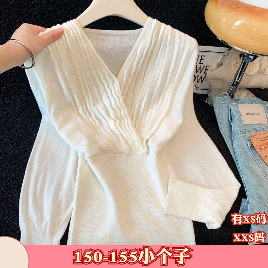 秋季小个子女装XXS加小码150cm显高针织衫交叉V领收腰毛衣打底衫
