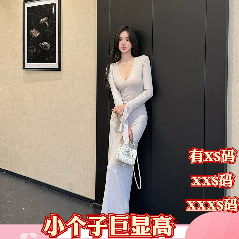 冬装150cm显高女装矮个子XXXS加小码U领长袖打底连衣裙收腰针织裙
