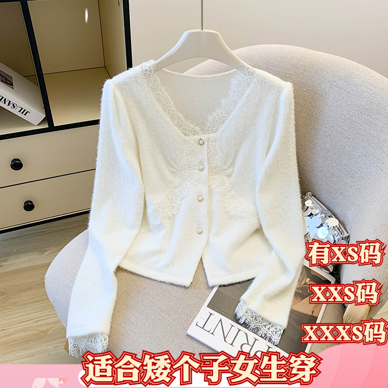 冬季矮个子娇小XXXS小个子155女装v领短款软糯毛衣蕾丝拼接开衫女