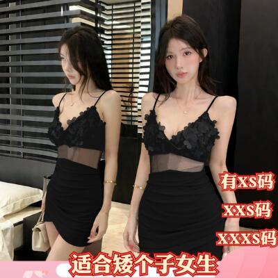夏季155cm矮个子显高XXXS女装吊带连衣裙深V网纱拼接褶皱包臀短裙
