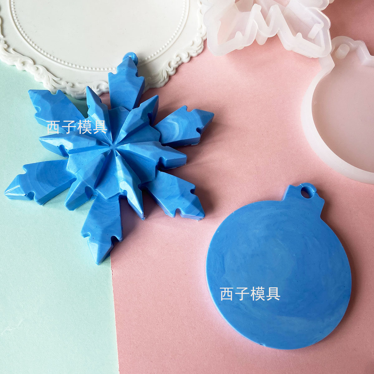 冰凌雪花圣诞球铃铛挂牌滴胶模具冰雪奇缘雪花摆台吊坠蜡烛石膏模