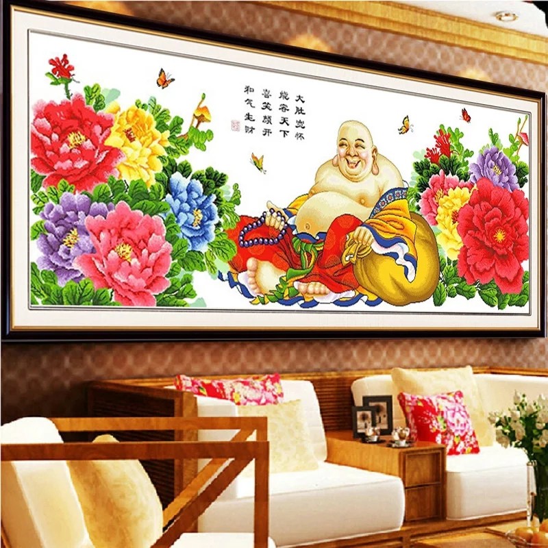 笑口常开弥勒佛十字绣人物佛像2026年新款绣客厅牡丹花线绣新中式