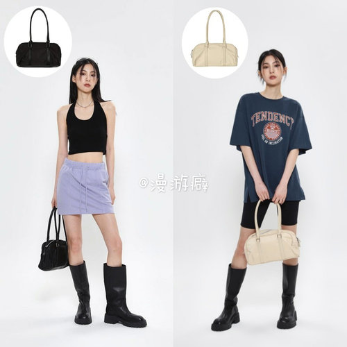 漫游癖 Blackup韩国Solid Tone Zip Closure辣妹hobo手提包单肩包