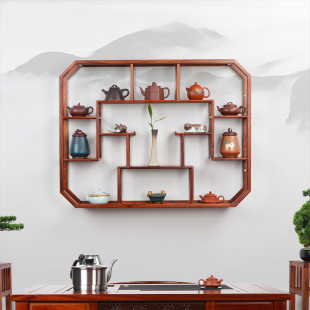 花梨木挂墙博古架中式茶架茶壶架茶杯收纳架壁挂置物架实木储物架