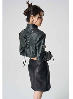 IUNAE LUMEN 原创设计 秋冬后背绑带设计短款外套女pu皮夹克上衣