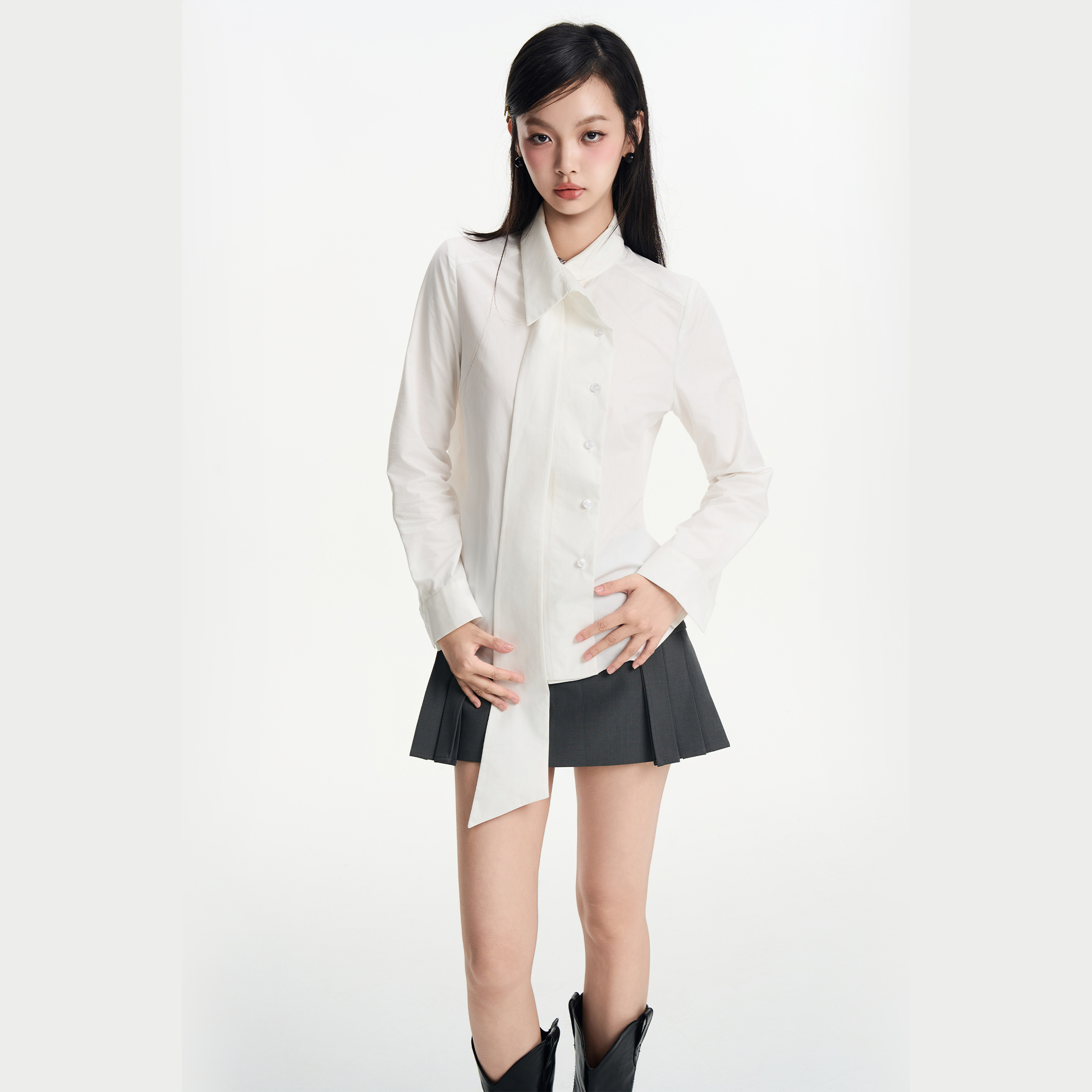 原创设计女长领带纯翻领白衬衫