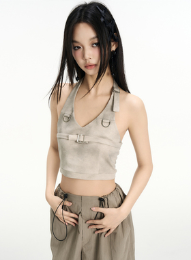 IUNAE LUMEN 2025早春夏新款 复古工装风辣妹挂脖吊带背心抹胸