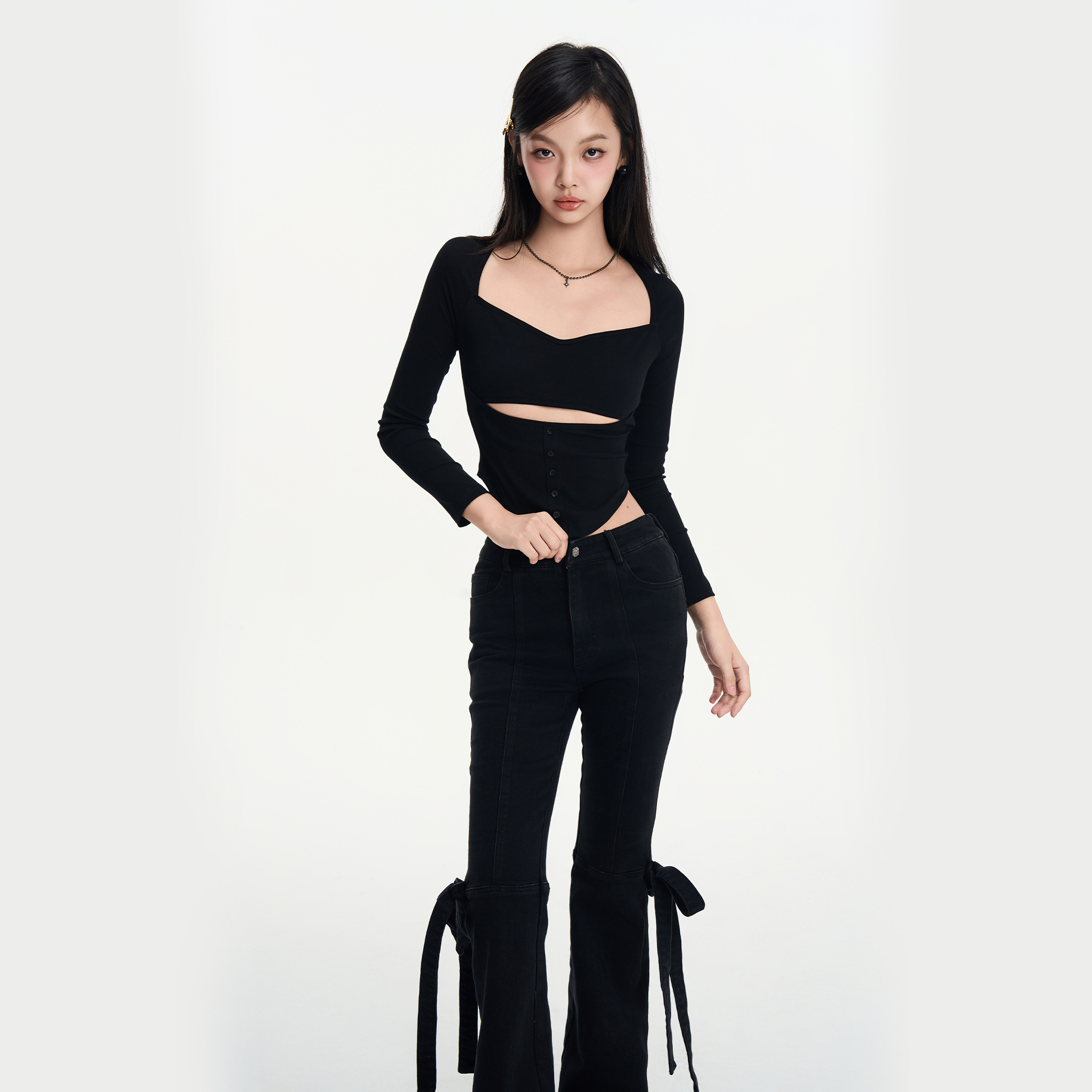 礼服V领镂空纽扣显瘦长袖T恤打底