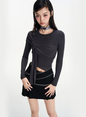 IUNAE LUMEN 2025早秋新款原创灰挽结飘带修身显瘦长袖打底衫T恤