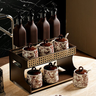 复古陶瓷调料盒套装家用油瓶盐罐置物架高级感厨房用品双层调味罐