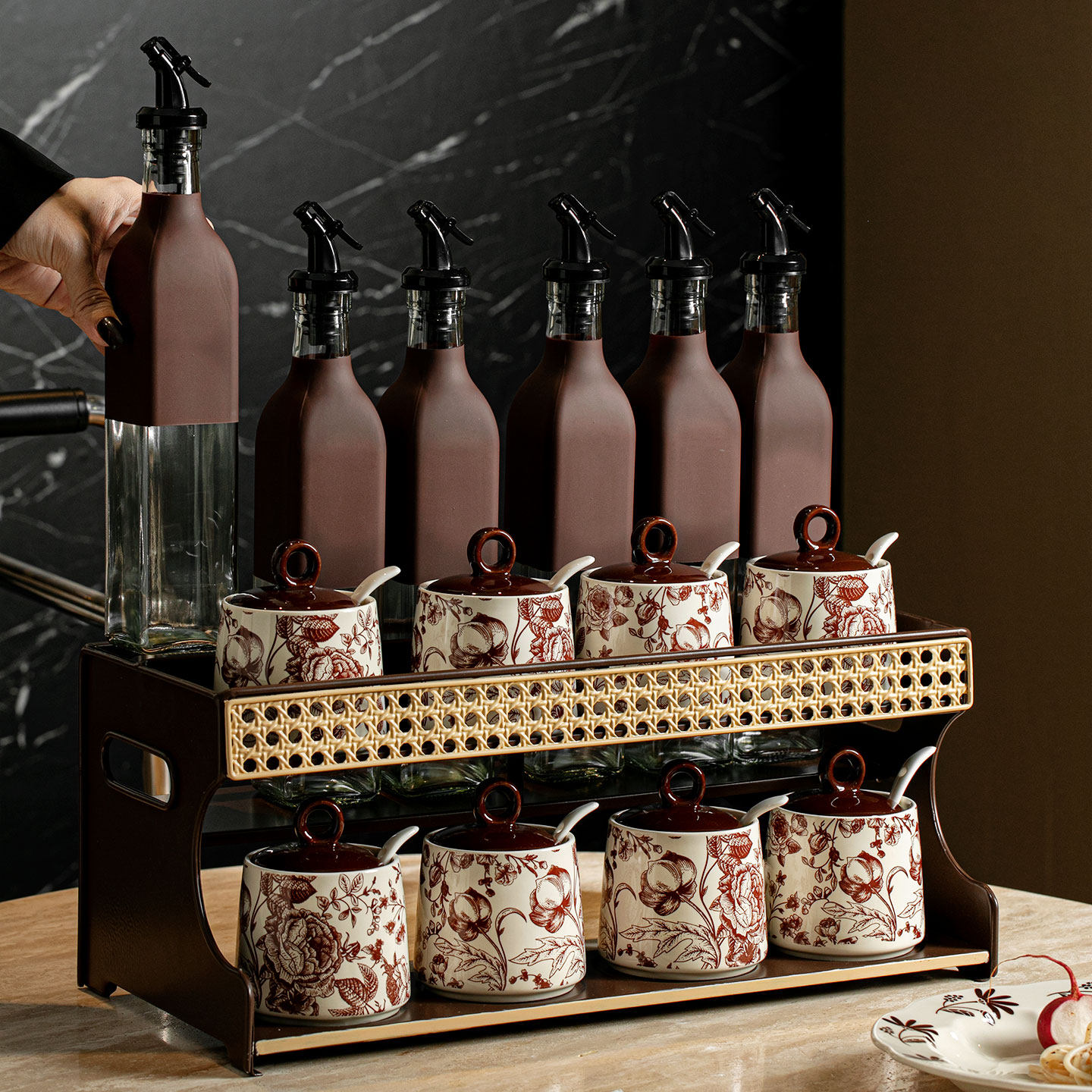 陶瓷调味罐油瓶套装厨房盐罐佐料双层组合架轻奢高档调料盒收纳架