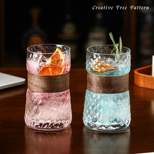 创意胡桃木玻璃杯冷饮果汁杯自制饮品鸡尾酒杯特调美式 咖啡杯子