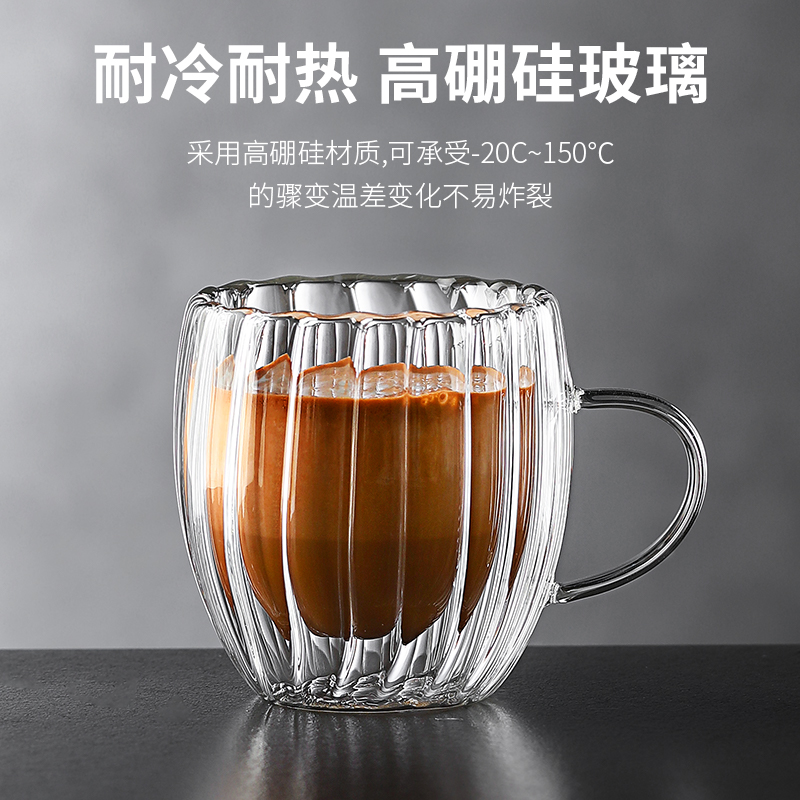简约条纹双层玻璃咖啡杯耐高温加厚水杯拿铁防烫透明茶杯带把手