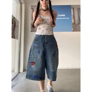 美式高街卡通小狗刺绣牛仔七分裤女夏季设计感宽松直筒休闲短裤子