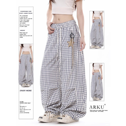 ARKU美式复古星星挂饰格子裤女夏季宽松慵懒风垂坠感阔腿休闲裤子