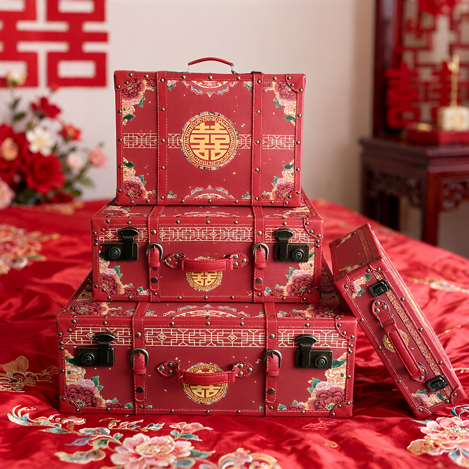陪嫁密码箱简约红色结婚箱子收纳迷你皮箱子新娘礼金箱简约旅行箱