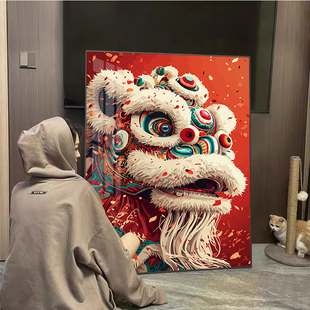 中国风醒狮钻石画满钻2025新款高级感客厅艺术装饰贴钻十字绣带框