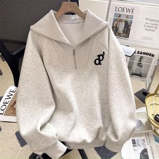 美式 加绒宽松百搭翻领外套上衣 复古灰色薄款 半拉链卫衣女春秋冬季