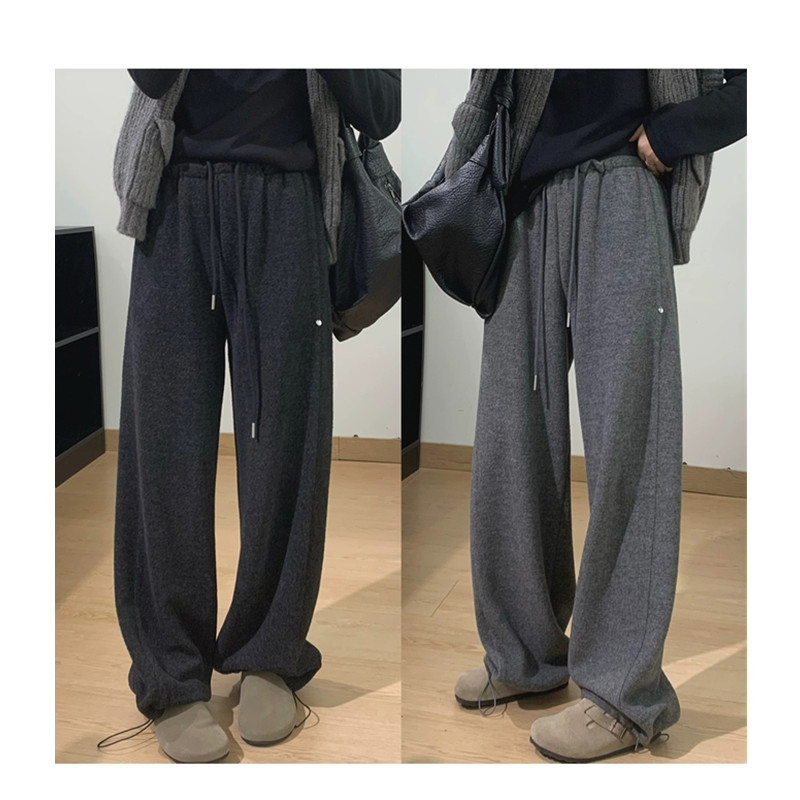 高级灰秋冬两穿休闲裤松紧腰束脚口卫裤百搭直筒阔长裤暖暖裤女