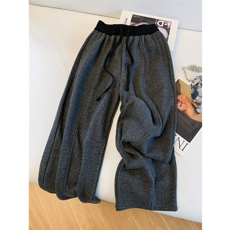 小个子裤子150撞色阔腿裤女秋冬高腰宽松慵懒垂感抽绳加绒直筒裤