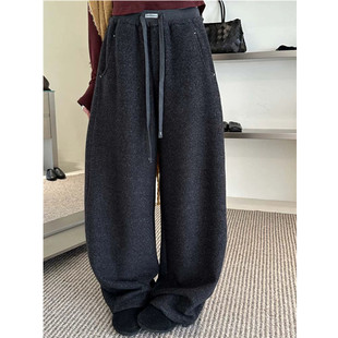 喜大东松紧腰弯刀加绒羊绒阔腿裤女2025冬新款高腰休闲拖地裤9370