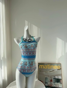 可爱甜美小熊印花单层运动竞速女款游泳馆泳装学生连体露背时尚