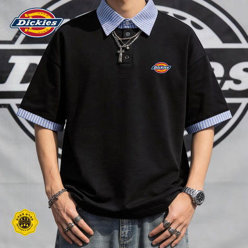 Dickies美式潮牌复古假两件翻领纯色宽松休闲日常通勤短袖Polo衫