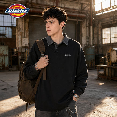 Dickies美式撞色长袖翻领POLO衫男士秋季新款潮牌宽松休闲上衣男
