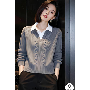 素雅订制国风简约艺术|【秀】休闲气质显瘦麻花纹假两件针织衫