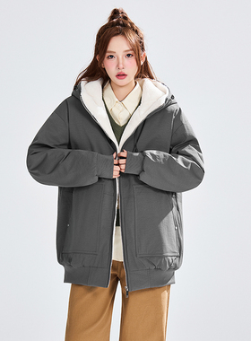 美式复古黑色羊羔毛连帽冬季新款加绒保暖百搭情侣外套