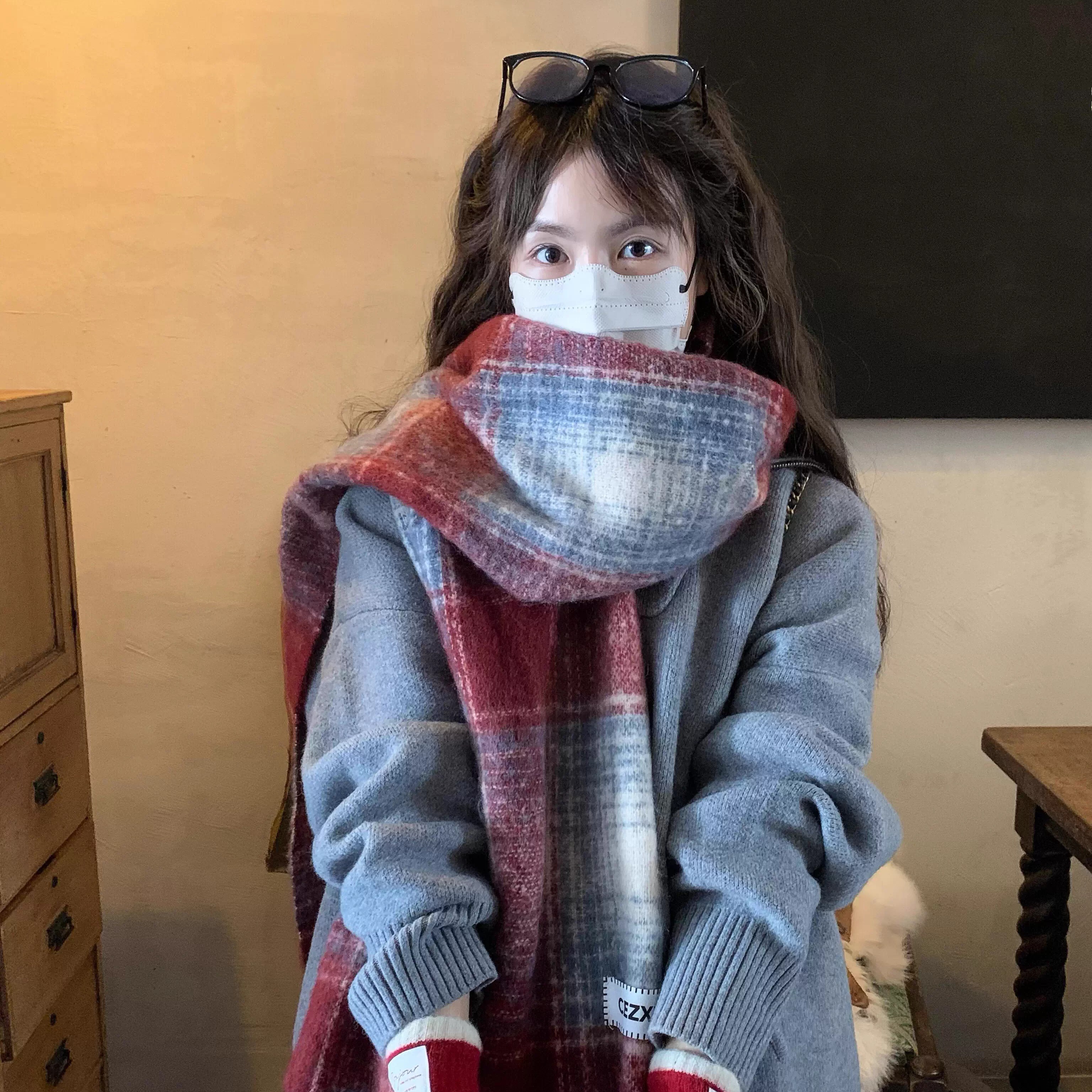 格子围巾女冬季高级感保暖加厚韩系氛围感学生披肩百搭红色围脖潮
