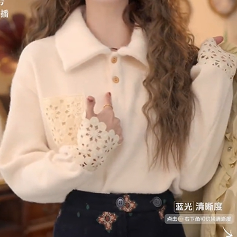 复古港风镂空长袖衬衫女秋冬厚款