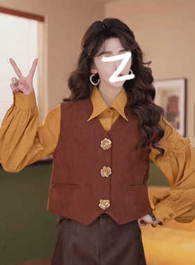 荔枝Lizhi复古港风立体花朵马甲背心女秋季外搭设计感V领无袖上衣