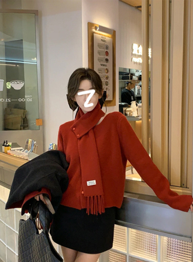 荔枝Lizhi圣诞穿搭红色毛衣开衫女秋冬宽松慵懒风含围巾针织上衣