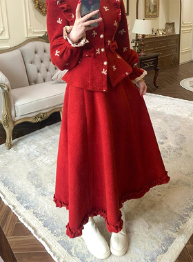一生罗曼复古订婚结婚红色半身裙女秋冬款加厚过新年圣诞A字裙子