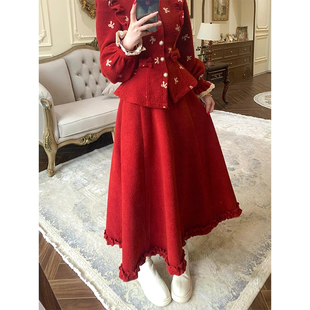 一生罗曼复古订婚结婚红色半身裙女秋冬款加厚过新年圣诞A字裙子