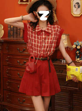 扣子家港风复古格纹短袖衬衫女装夏季衬衣设计感小众红色格子上衣